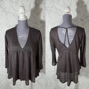 Lucky Brand NWT Gray Striped 100% Linen Babydoll Blouse